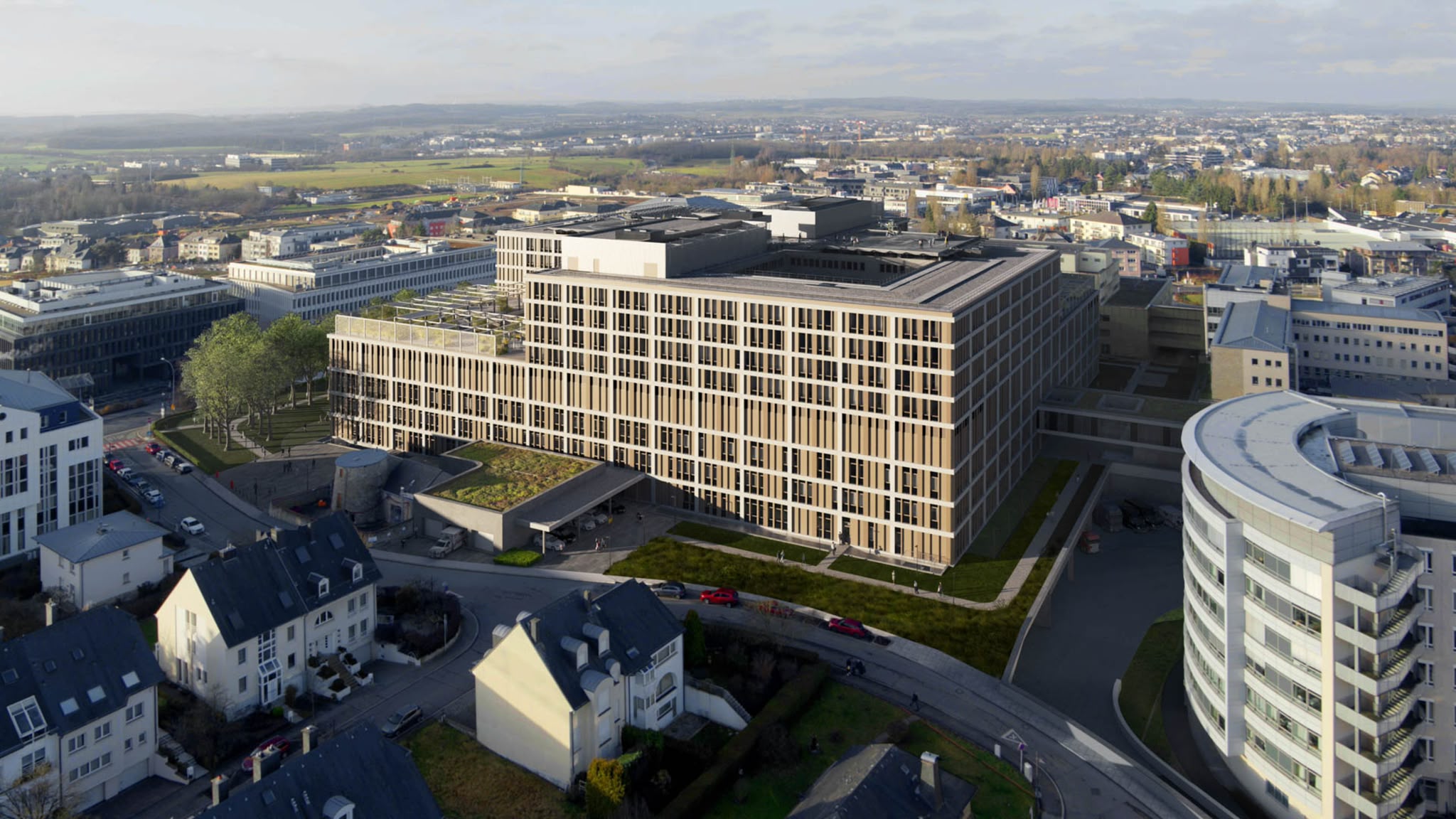 Aerial render of the new CHL hospital building