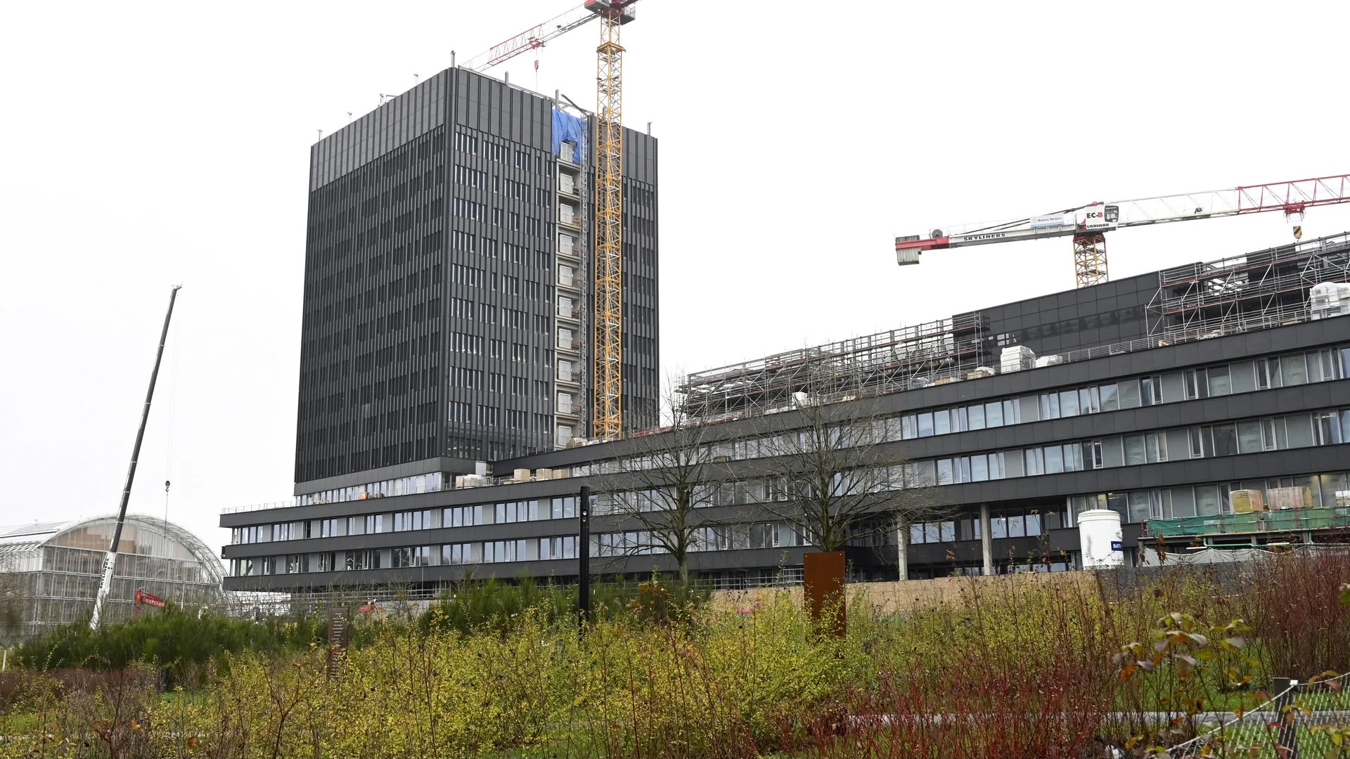 New EIB building under construction with tower cranes