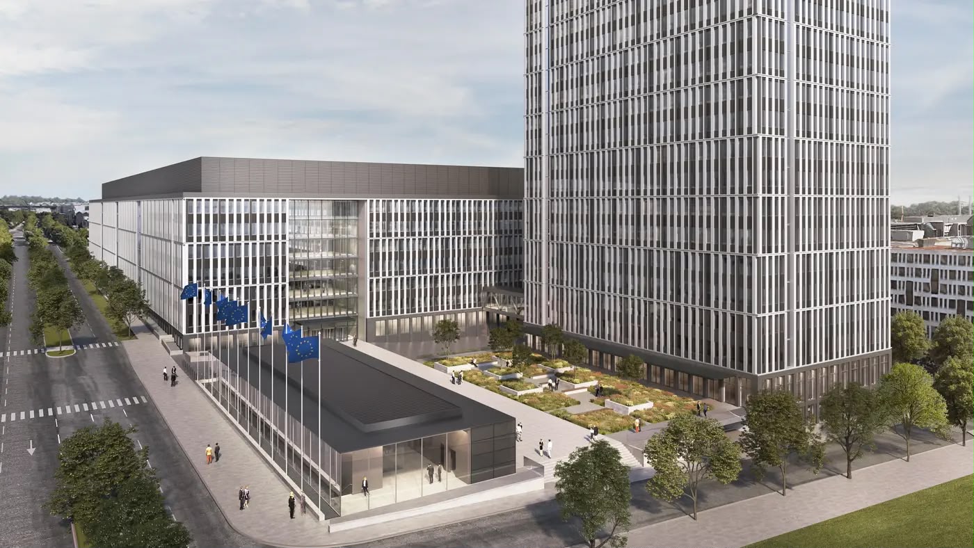 Aerial render of the Jean Monnet 2 campus with EU flags